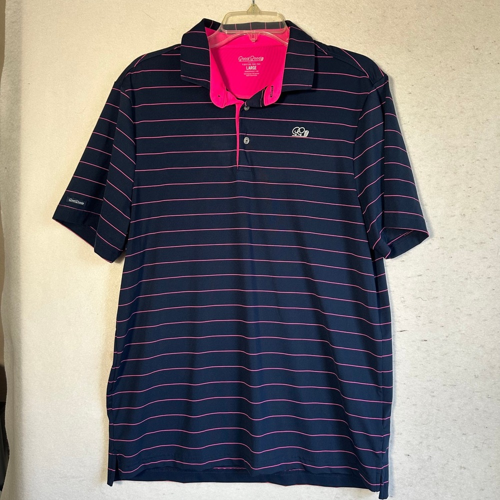 Good Good Golf Polo Shirt Mens Large Navy Pink Striped Performance Short Sleeve